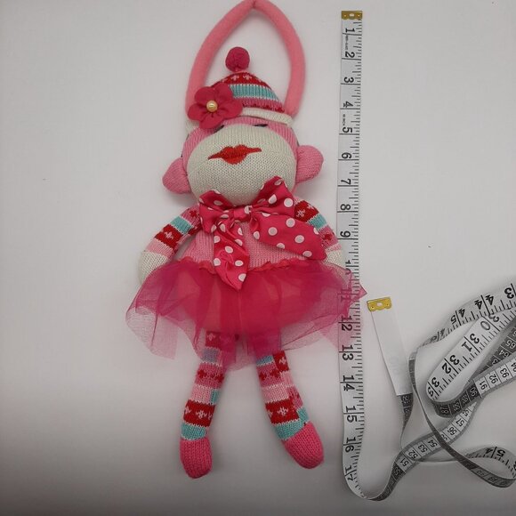 Pink Sock Monkey Purse Tutu Polka Dot Bow Flower Ballerina Plush Knit Handbag - Picture 2 of 4